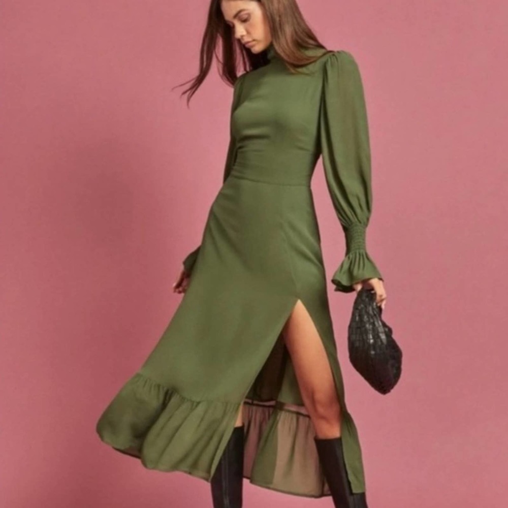 REFORMATION Galena Green High Neck Midi Dress